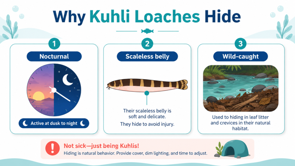 Why kuhli loach hiding happens: nocturnal activity, scaleless belly, wild-caught origin