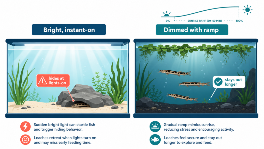 Bright instant-on lighting versus dimmed light with floating plants and dark sand