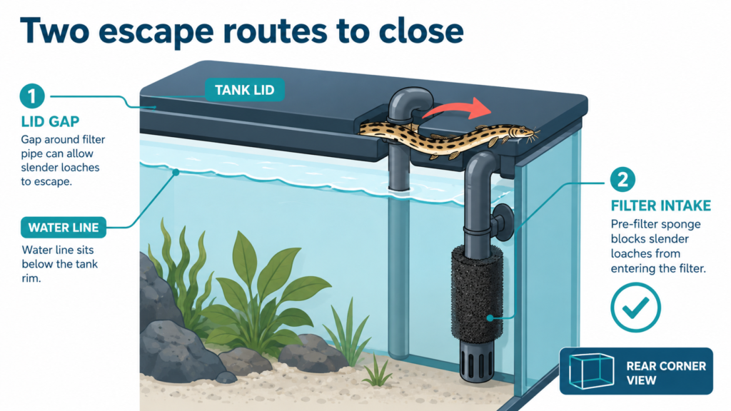 Two kuhli loach escape routes to close: the lid gap at the filter pipe and a bare intake