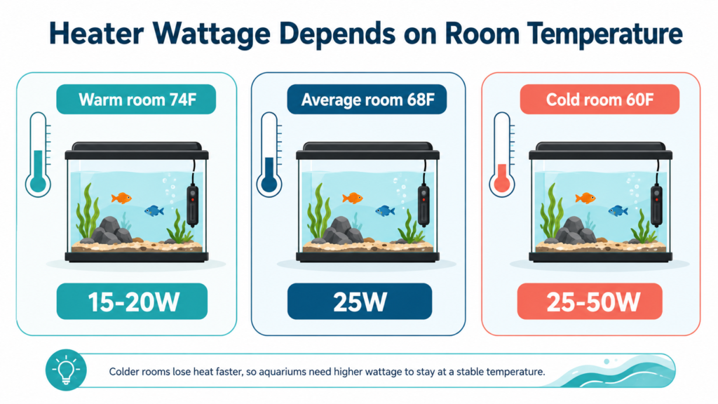 Heater wattage for a 5 gallon tank by room temperature: 15-20W warm, 25W average, 25-50W cold