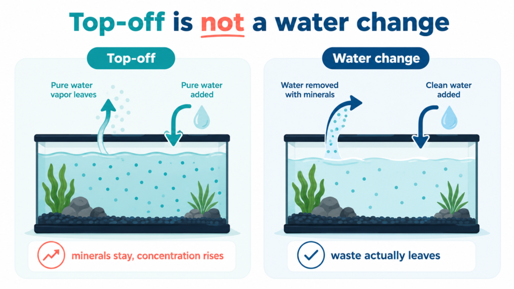 Topping off versus a water change: evaporation leaves minerals behind and concentrates them