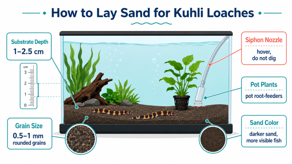 How to lay sand for kuhli loaches: 1 to 2.5 cm depth and 0.5 to 1 mm rounded grains