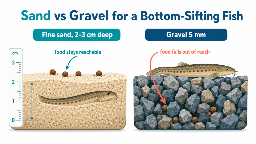 Best substrate for kuhli loaches: sand versus gravel cross-section showing food access