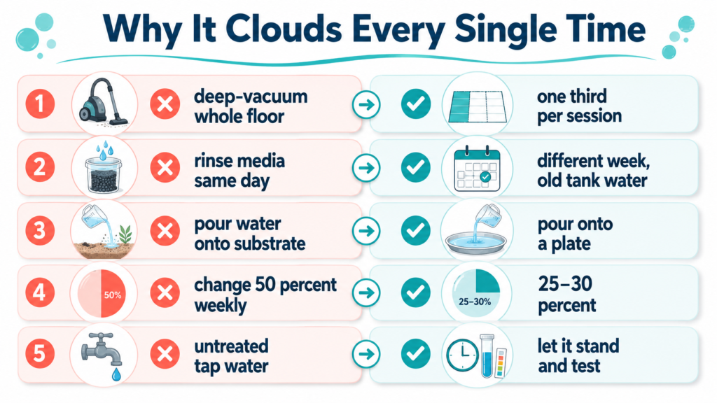 Routine habits that cause cloudy water after every water change, each with a corrected version