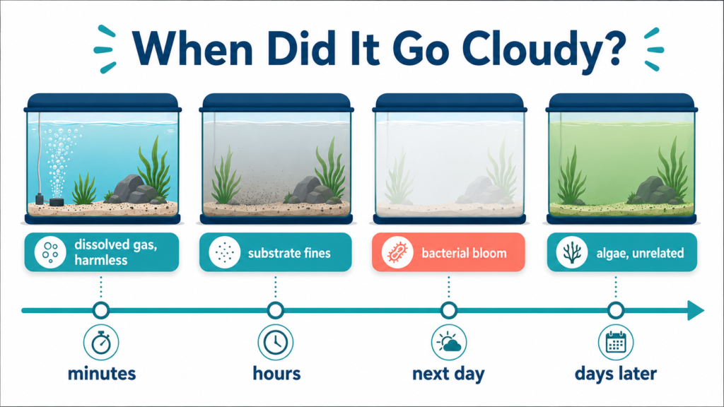 Cloudy water after a water change diagnosed by timing: dissolved gas, substrate fines, bacterial bloom or algae