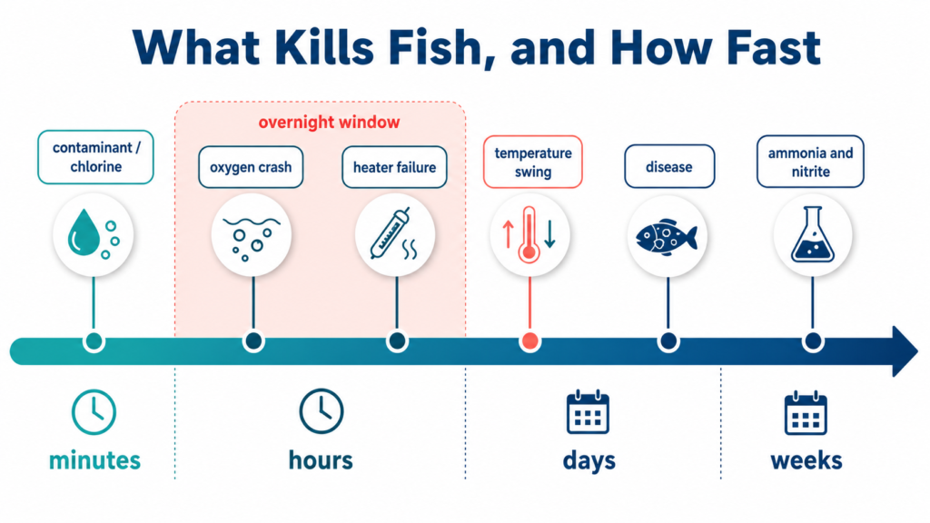 Timeline of what kills fish and how fast, showing why fish died overnight points away from the cycle