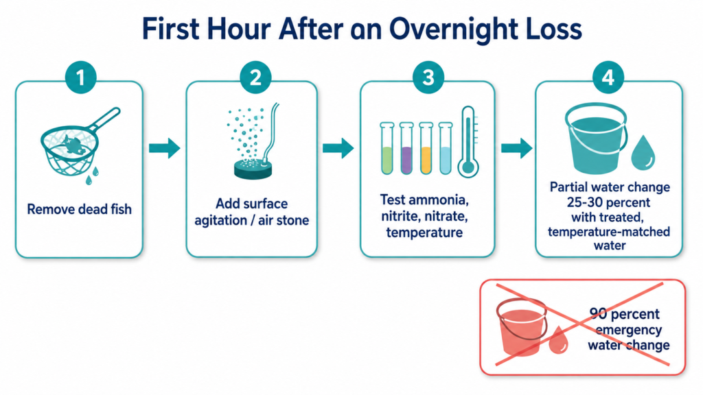 First hour steps after fish died overnight: remove fish, add aeration, test water, small water change