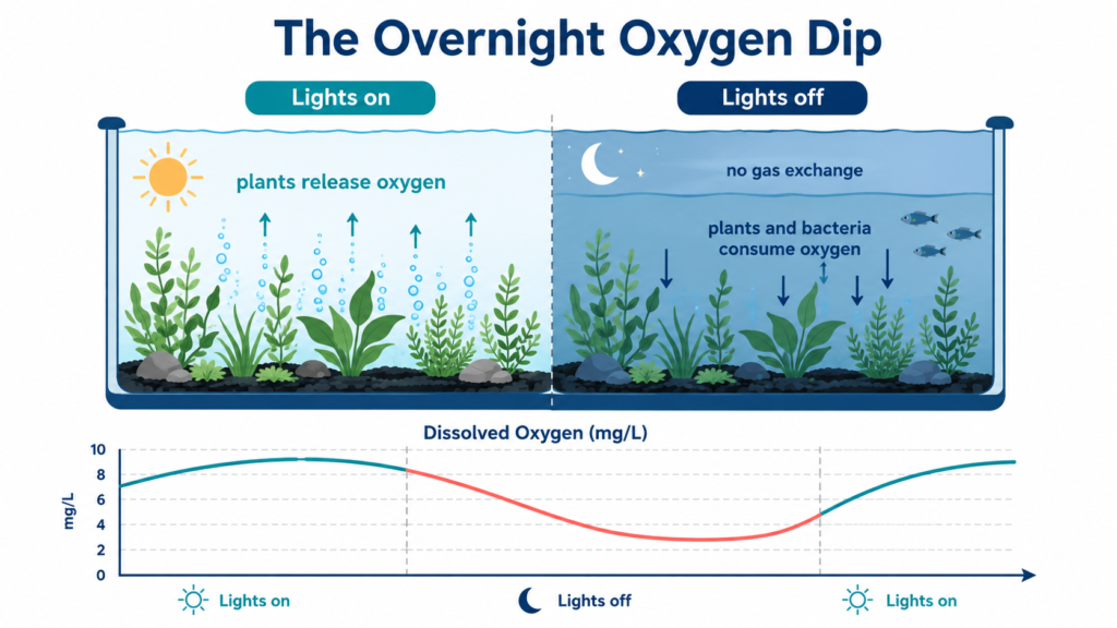 Overnight oxygen dip diagram: plants and bacteria consume oxygen after lights off